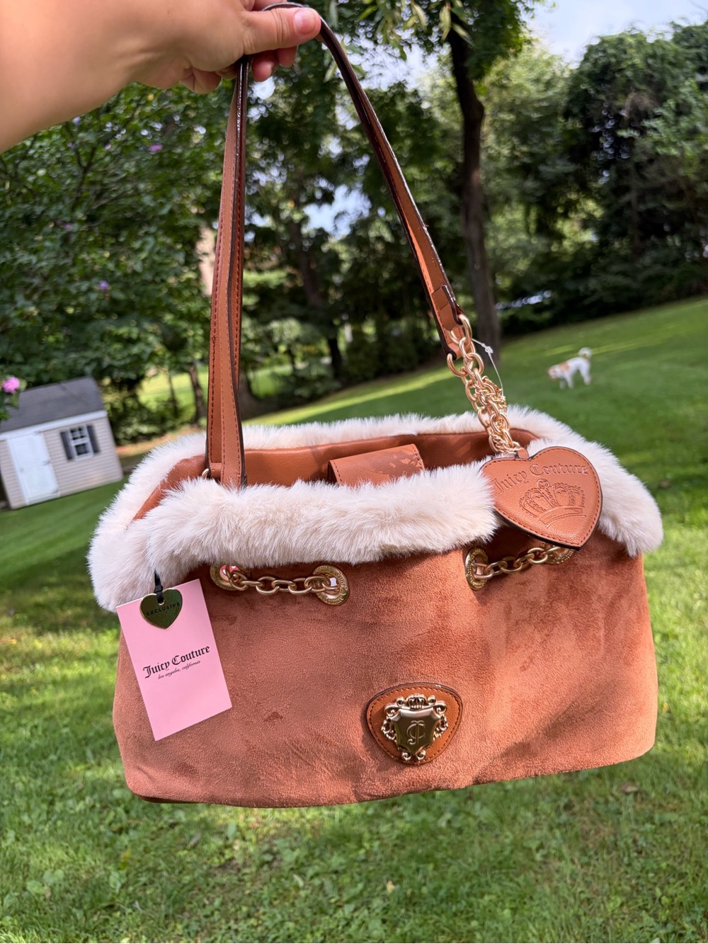 Juicy Couture Tan Suede & Faux-Fur Trim Shoulder Bag Y2K